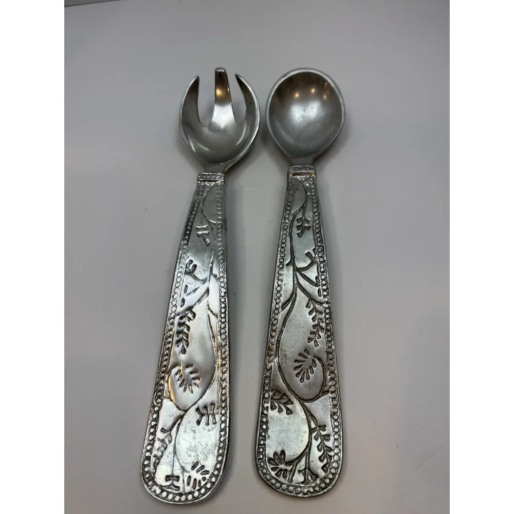 Pewter‎ Metal Floral Salad Server Set, Spoon Fork, Matte Silver Finish, 10 Inch